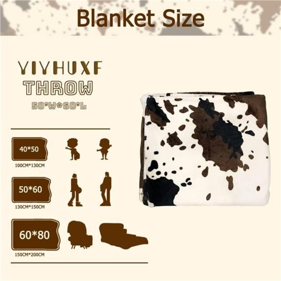 Cow Print Blanket Animal Brown Black Milky White Faux Fur Throw Blankets Western - Picture 6 of 7